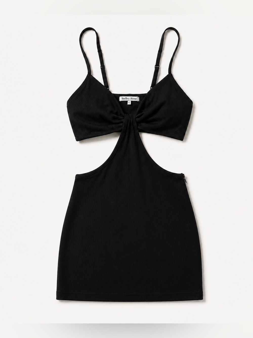 Bailey Rose Black Ribbed Knot-Front Cutout Bodycon Mini Dress